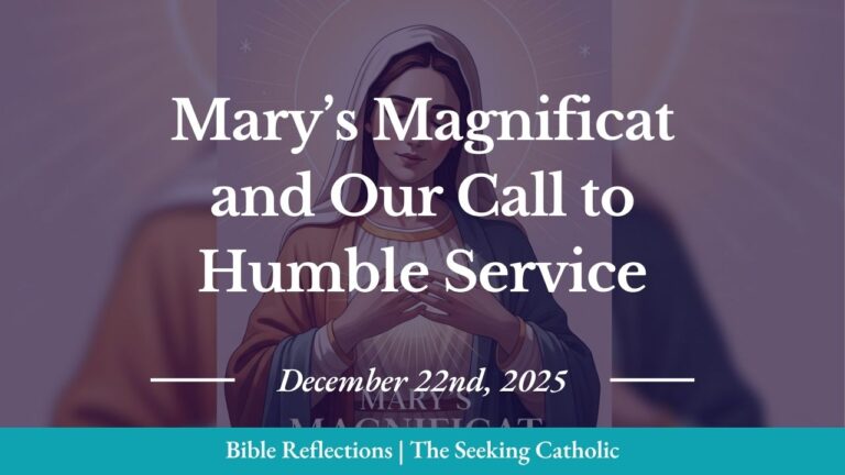 A serene, luminous image of the Blessed Virgin Mary in soft earth tones—ochre, cream, and sage green—with her hands gently clasped over her heart. Her expression radiates quiet joy, humility, and inner peace. Behind her, a faint golden light suggesting divine grace. In the lower third of the image, elegant serif text reads "Mary's Magnificat" in cream or gold lettering.