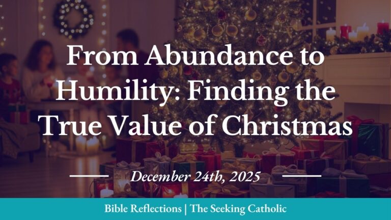 A vibrant, joyful Christmas Eve scene centered on a beautifully decorated Christmas tree glowing with warm golden and white lights. Wrapped gifts in rich colors—deep red, gold, silver, and green—are piled abundantly around the base of the tree. The room radiates festive warmth with candles and twinkling lights creating a cozy glow. Family members can be seen in soft focus in the background, celebrating together. The overall aesthetic captures the joy, abundance, and merriment of a traditional family Christmas gathering. Modern, inviting, and warm—perfect for reflecting on the contrast between material abundance and spiritual meaning.