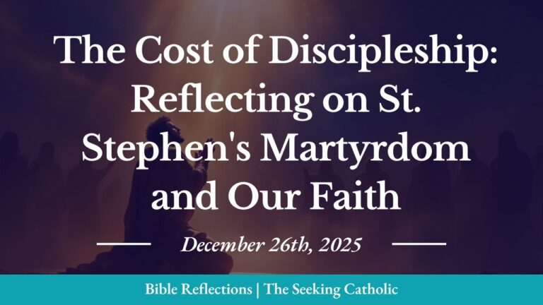 A solemn yet peaceful scene of St. Stephen in his final moments, kneeling in prayer with hands raised toward heaven. Soft, ethereal golden light descends from above, symbolizing divine grace and the promise of salvation. Around him, shadowy figures represent those who persecute him, but they remain unfocused and dark in contrast to the luminous, peaceful expression on Stephen's face. The ground beneath him is stone, and the sky transitions from deep blue to warm gold, suggesting the transcendence of earthly suffering into eternal peace. The overall aesthetic is reverent, contemplative, and spiritually triumphant—emphasizing faith, courage, and divine promise rather than violence or darkness. Warm earth tones, golds, and deep blues dominate. Modern, dignified aesthetic suitable for martyrdom reflection and liturgical season content.
