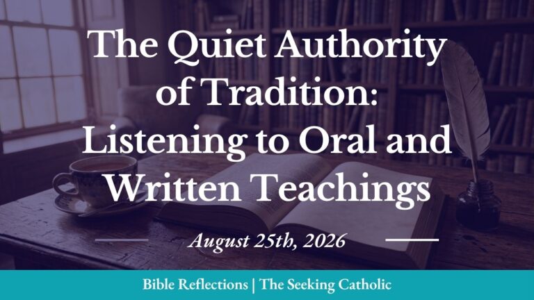 Intimate devotional setting featuring a well-worn Bible open to a page with handwritten notes in the margins, a feather quill, and a cup of tea on a rustic wooden table. Soft morning light from a nearby window highlights the page, with a blurred bookshelf in the background suggesting a tradition-rich study environment.