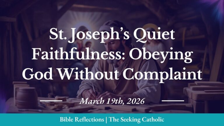 St. Joseph in his workshop or home, hands working steadily at his craft—carpentry, building, creating—with quiet focus and peace. Behind him or around him, faint divine light or an angelic presence, suggesting God's guidance and intervention. In the background or reflected in his gaze, Mary and the Christ child are gently visible but not the center—Joseph's attention is on his work, his calling, his quiet faithfulness. His posture shows acceptance without complaint—no doubt, no resentment visible, just steady commitment. The composition conveys: a man fully surrendered to God's will, doing his duty without fanfare. The color palette should include warm earth tones (wood, stone, humble surroundings), soft golds suggesting divine presence, and deep blues or purples for contemplation and faith. The lighting is calm and peaceful—not dramatic, but profoundly spiritual.